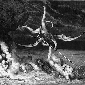 Peut inclure: Une illustration en noir et blanc d'un d&eacute;mon ail&eacute; avec un trident, transper&ccedil;ant un homme dans une mer orageuse. Deux autres personnages sont partiellement immerg&eacute;s dans l'eau, entour&eacute;s de fum&eacute;e.