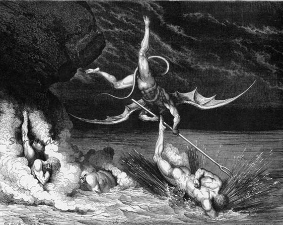 Alichino & Calcabrina Grapple Above Pitch Inferno Canto 22 Gustave Dore' Vintage Engraving Hell Black and White