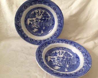 2 Blue Willow Soup Salad Plates Bowls J D & Co Deep Cobalt Blue Vintage Country Kitchen Decor