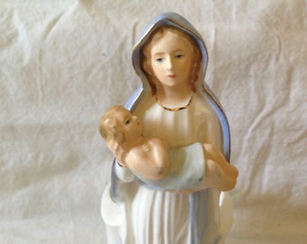 Madonna Virgin Mary Baby Jesus Vase Blue & White BVM Mother and Child