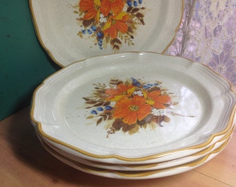 4 Mikasa Garden Club Flowerfest EC452 10 7/8" Dinner Plates Bright Color Flowers Japanese Pottery 1970s Classics