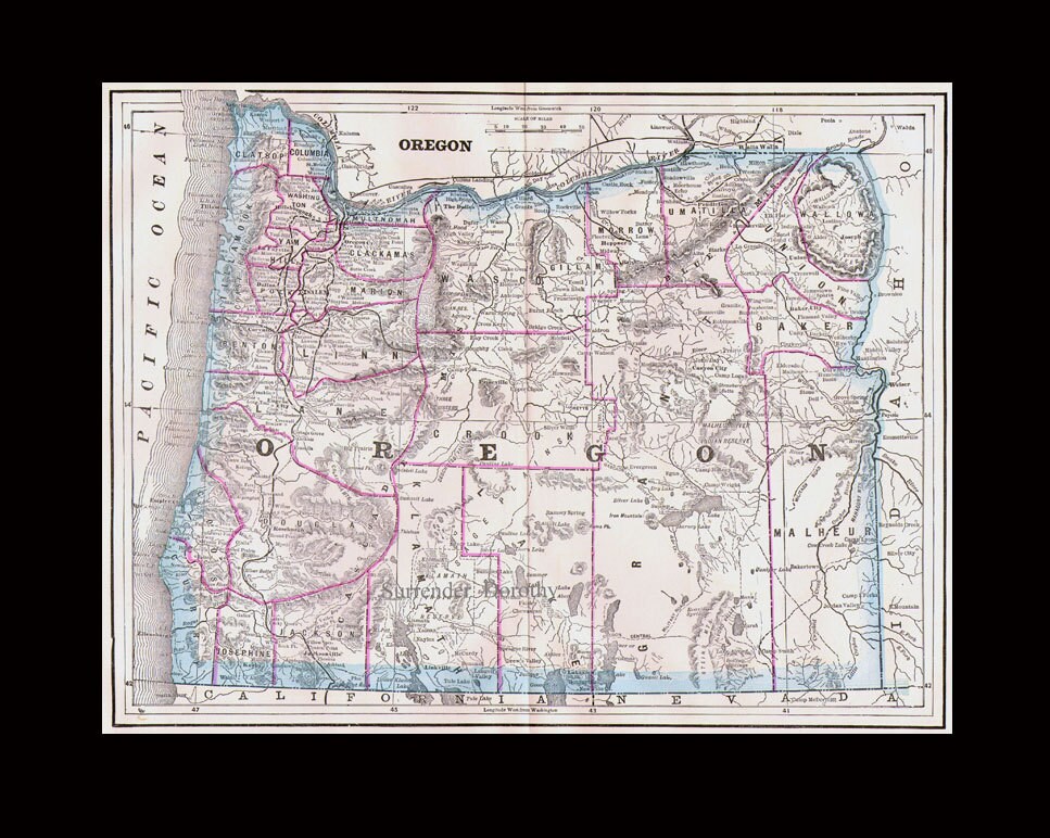 Oregon Map USA State Large Antique Copper Engraving Vintage North ...
