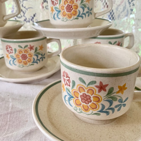 Temperware Quakertown Coffee Mugs Saucers Lenox Temper-Ware Vintage 1970s Cup Set Of SEVEN 7 Retro Kitchen USA Rose Blue Gold