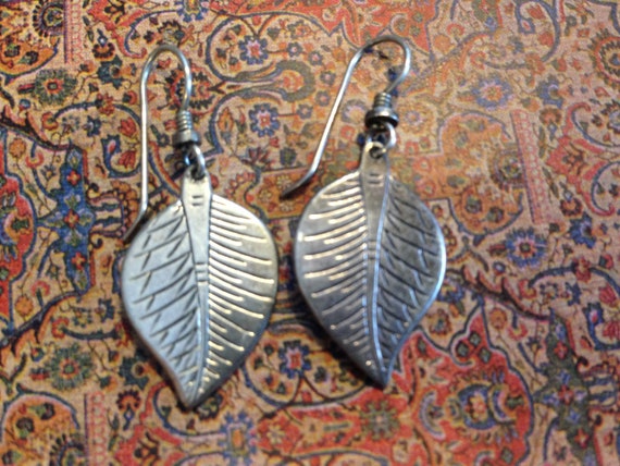 Laurel Burch Earrings Silver Leaf Dangle French E… - image 1