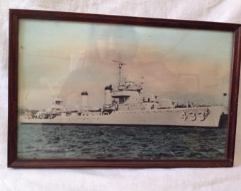 S. S. Gwin Framed Photograph Hand Colored 1940s USN Battleship Destroyer