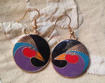 Laurel Burch Earrings HARLEQUIN BIRD Cloisonne Dangle French Ear Wires Dangle Vintage Jewelry 1980s Gold Filled Black Purple Red Teal