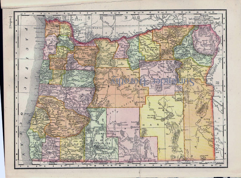 Oregon State Map USA 1895 Rand Mcnally Four Color Victorian Antique ...