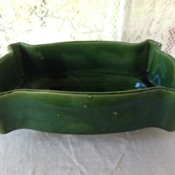 UPCO Pottery Planter Bonsai Dish Forest Green Pinched Corners Vintage Organizer Ceramic Desk Caddy