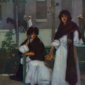 May include: Two women sitting on a bench outdoors. One woman is wearing a white dress and a brown shawl. The other woman is wearing a white dress and a brown jacket. Both women are looking at the viewer. There is a basket of fruit in front of the woman in the shawl.