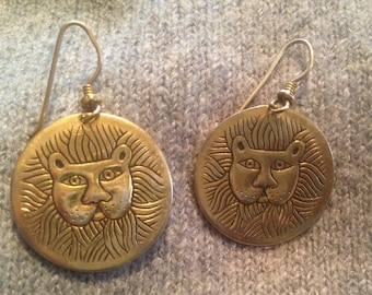 Laurel Burch Marsh Lion Cat Dangle Earrings 14k Gold filled Wires Polished Brass Vintage Jewelry 1980s