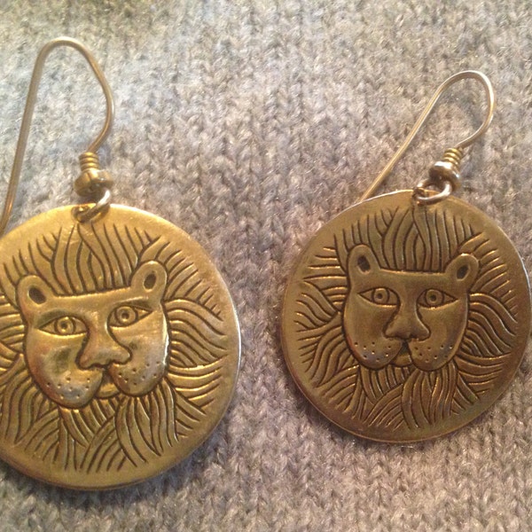 Laurel Burch Marsh Lion Cat Dangle Earrings 14k Gold filled Wires Polished Brass Vintage Jewelry 1980s