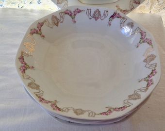 M Z Altrohlau Austria China Soup Plates Five Rose Garlands 24k Gold Swags Moritz Zdekauer Shallow Soup Bowls