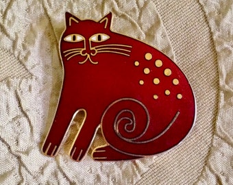 Keshire Cat Brooch Pendant Laurel Burch Pin Cloisonné Art Jewelry Signed RED CAT RARE Large Size