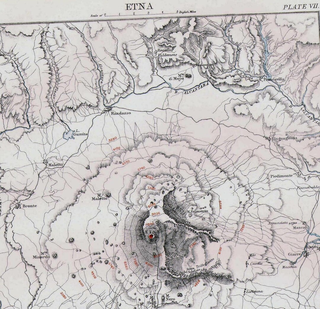 エトナ山 火山 シチリア イタリア地図 アンティーク銅版画
