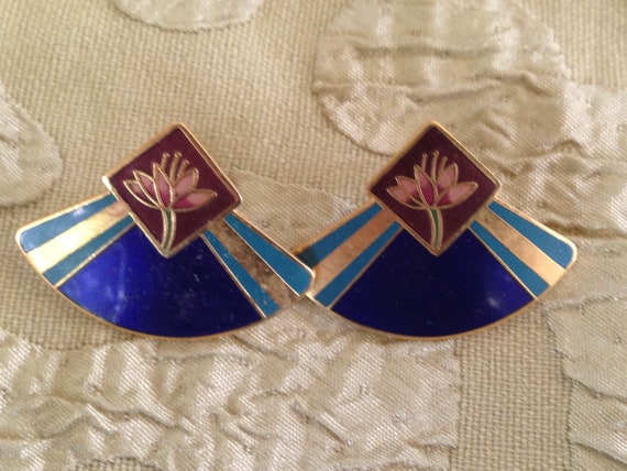 Laurel Burch Earrings LOTUS FLOWER Cobalt Teal Ma… - image 1