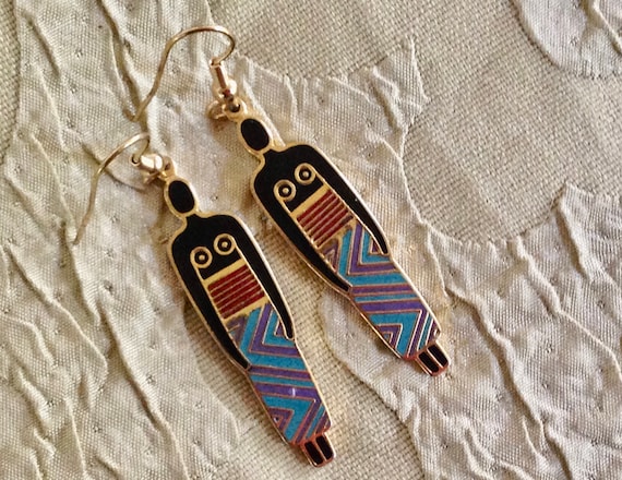 Laurel Burch Earrings Tribal WOMAN Cloisonne Dang… - image 1
