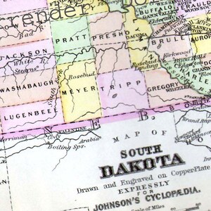 サウスダコタ州アメリカ州地図 1896 アンティーク ビクトリア朝 ヴィンテージ 銅版画 地図 額装