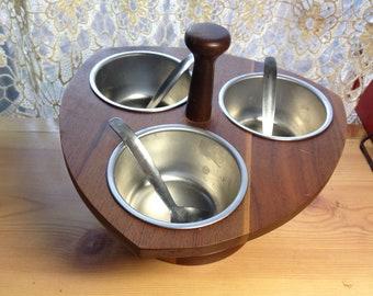 Kustom Kraft Condiment Caddy Black Walnut 1960s Lazy Susan Vintage Hostess Gear and Kitchen Ware