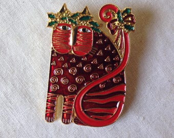 Laurel Burch Brooch Pin Christmas Cat Festive Feline Cloisonné Art Jewelry RARE 1993 Piece Signed