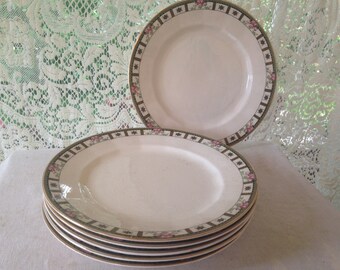 6 Antique Dinner Luncheon Plates Edwin M Knowles 9 Inches 1920s 1930s USA Gold Trim Formal Dining
