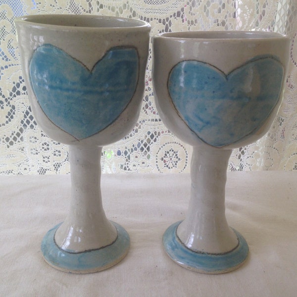 Vintage Wedding Chalices Pottery Sweetheart Goblets TWO Handmade In Maine USA By Hippies 1970s Blue Hearts