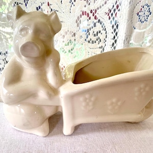 Shawnee Pig & Wheelbarrow Succulent Pottery Planter Vase Powder Room Office Catch-All Vintage Cutie Off White