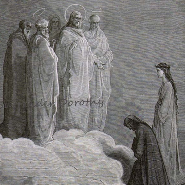 St. John Examines Dante Concerning Love Beatrice Gustave Dore Dante Paradiso, Canto 26 Heaven Angels Vintage Engraving Black & White