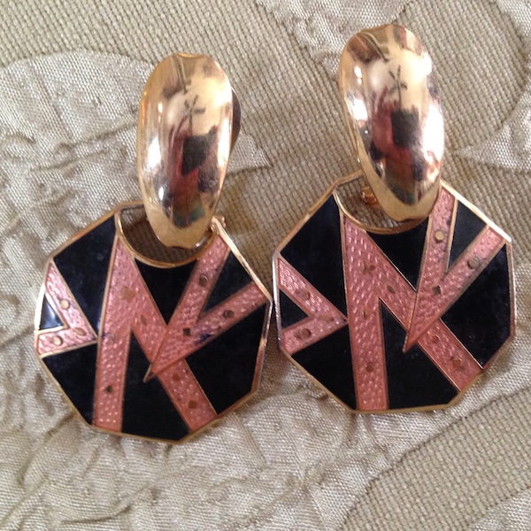 Edgar Berebi Earrings Black Lightning Enamel Post Stud Vintage Jewelry 1990s