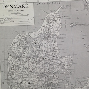 デンマーク地図 1910 ヴィンテージ エドワード朝 スチール彫刻 地図作成 額装