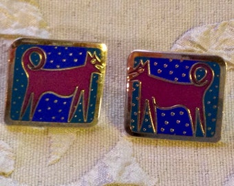 Laurel Burch Earrings NIGHT DOG Post Stud Vintage Jewelry 1980s Plum Teal Blue Gold