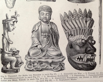 Artifacts of Asian Culture Vintage Victorian Engraving Art 1887 Germany Black & White