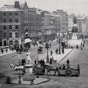 Dublin Irlandia Sackville Street 1890 Duży wydruk fotograficzny Oryginalna wiktoriańska ilustracja rotograwiurowa do oprawy Czarno-biała