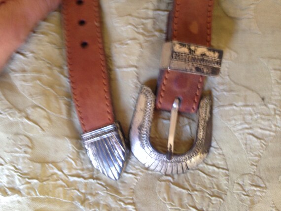 Vintage Brown Steerhide Leather Belt Handsewn w G… - image 3