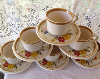 6 MIKASA Floribunda Stoneware Coffee Cups Saucers Bright Color Flowers Japanese Pottery 1970s Classics