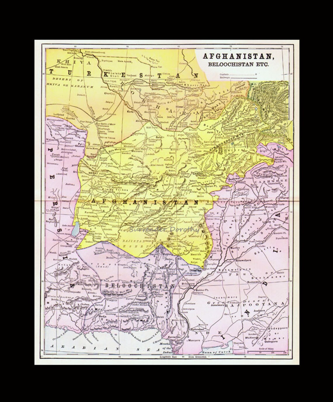 Afghanistan Map Antique Copper Engraving Vintage Middle Eastern ...