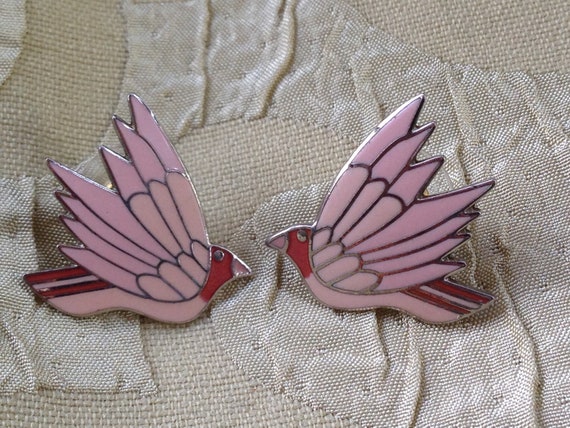 Laurel Burch Earrings PINK CELESTE BIRD Cloisonne… - image 1