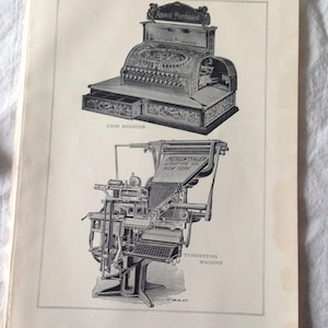 May include: An antique illustration featuring a cash register and a typesetting machine. The cash register has a decorative design and the text "Amount Purchased" above. The typesetting machine has the text "MERGENTHALER LINOTYPE CO. NEW YORK".