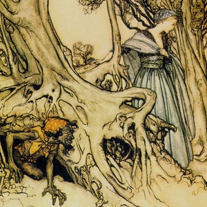 Maiden & Goblin Arthur Rackham Vintage Kinderzimmer Lithografie Kunstdruck Zum Rahmen