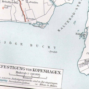 Karte Kopenhagen Dänemark Befestigung Edwardian 1903 Antike Stahl Gravur Kartographie Rahmen