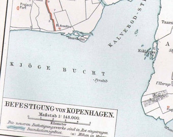 Map Copenhagen Denmark Fortification Edwardian 1903 Antique Steel Engraving Cartography To Frame