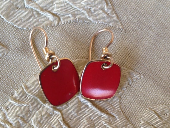 Laurel Burch Earrings LITTLE RED Squares Cloisonn… - image 3