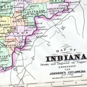 Indiana USA State Karte 1896 Vintage viktorianische antike Kupferstich Kartographie zum Rahmen
