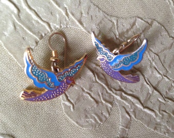 Laurel Burch Earrings KRIS Bird Cloisonne Dangle French Ear Wires Vintage Jewelry 1980s Purple. Blue Turquoise