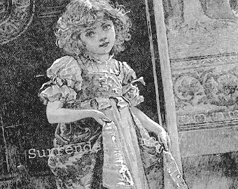 Mascota del hogar Niña victoriana 1892 Original Vintage Grabado para la guardería Blanco y negro