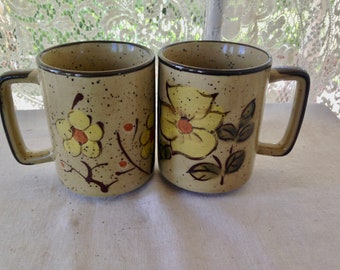 Vintage 1970s Coffee Mugs Vintage Kitchen Ware Yellow Orange Flower Ceramics TWO