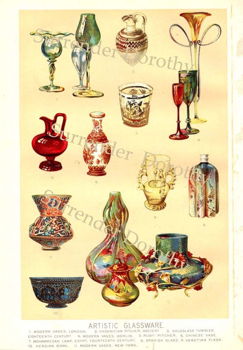 Artistic Glassware Ancient Phoenicia Early 1900s Color Print Natural History Lithograph Chart 1915
