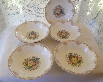 Sheffield China Salad Bowl Set 6 Floral Gold Filigree Trim 1940s USA Vintage Kitchen Dining Country Cottage WWII ERA