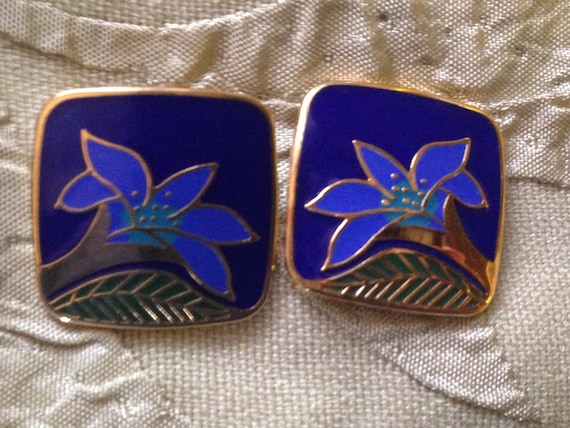 Laurel Burch Earrings WILD LILY Cobalt Blue Squar… - image 1