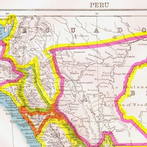 ペルー地図 アンティーク銅版画 南アメリカ地図 1892年 ヴィンテージ ビクトリア朝 地理 アート 額装