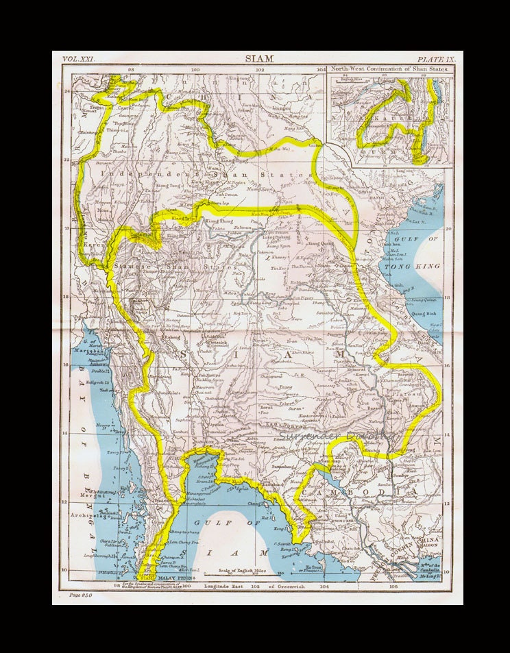 シャム タイ カンボジア 地図 アンティーク 銅版画 アジア地図 1892